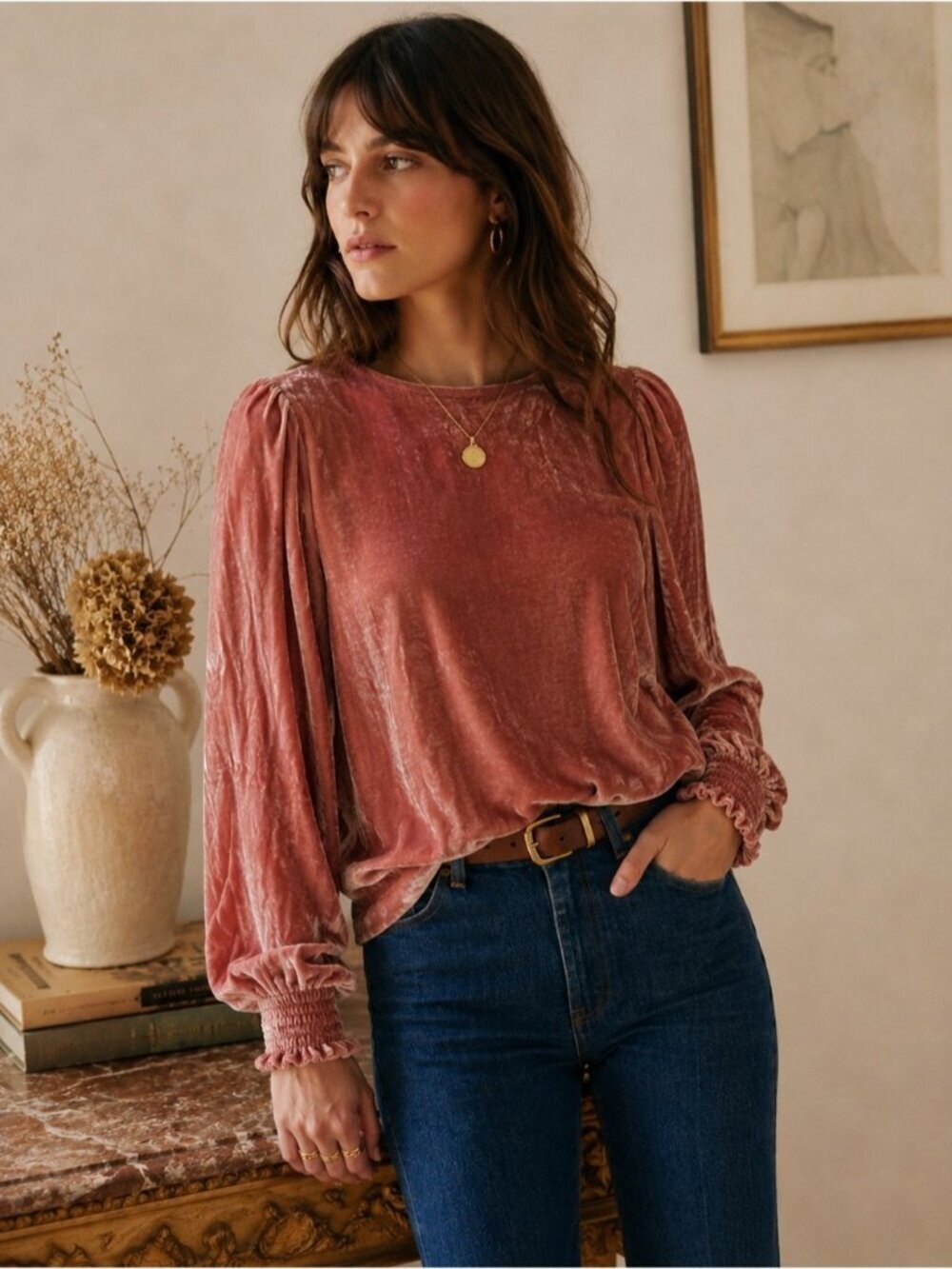 Sézane Pink Velvet Smocked Blouse Size 38